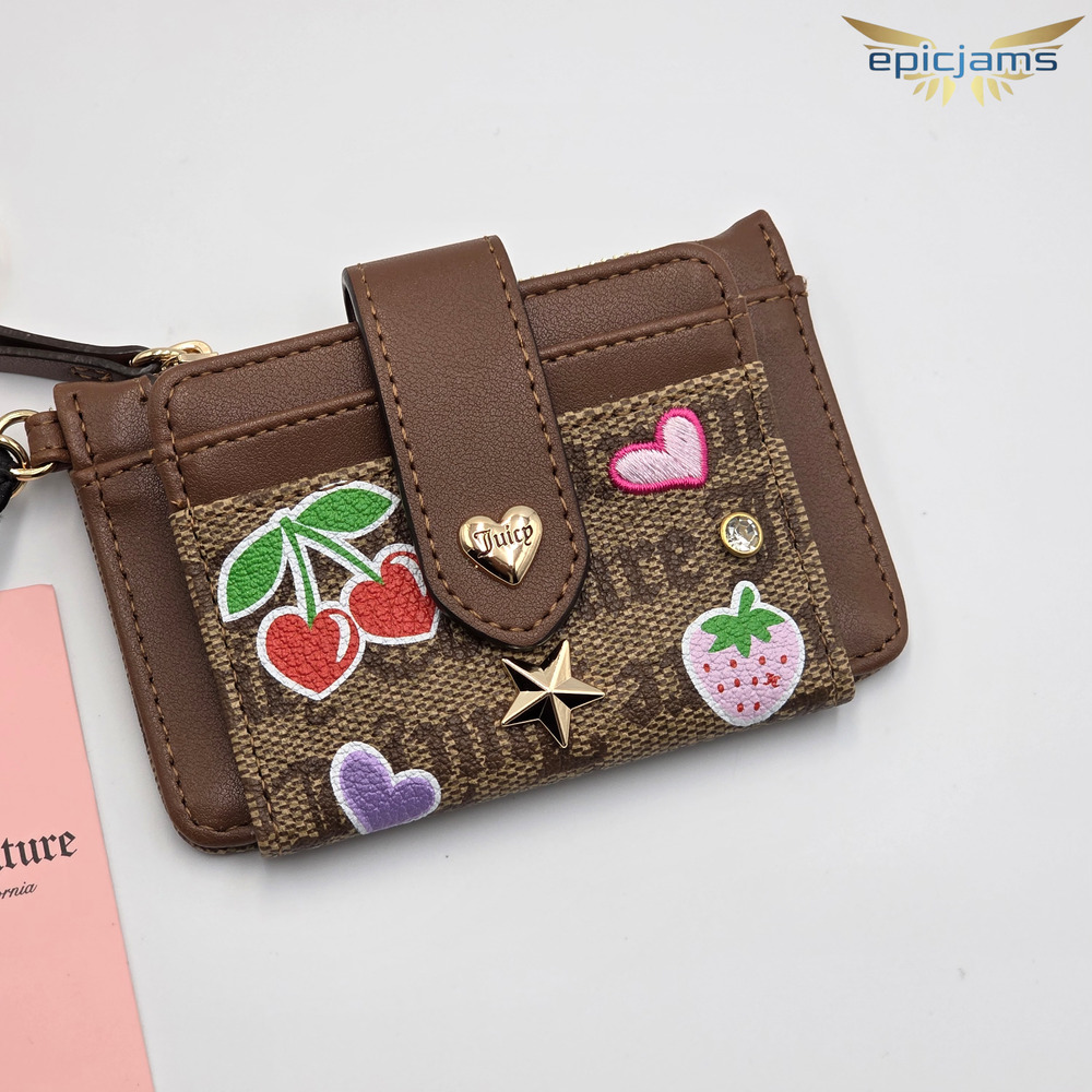 Juicy Couture All Things Juicy Tab Card Wallet Chestnut Chino Strawberry Heart - Picture 4 of 5